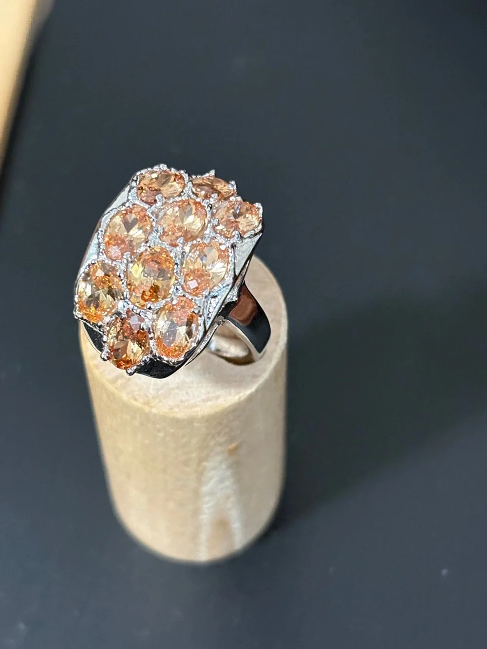 Orange Cubic Zirconia Cluster Ring in Silver